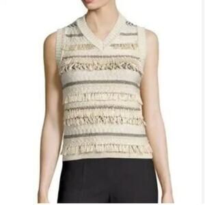 Tory Burch Cream Wool Jacquard Fringe Striped Sweater Vest Medium-Boho/Glam